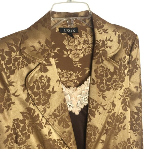A. Byer Jacket Womens Medium Gold Brown Floral Jacquard Satin Tie Waist Blazer - Picture 5 of 16
